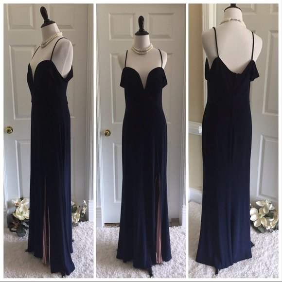Dark Navy Off the Shoulder Side Slit Formal Dress - Picture 7 of 13